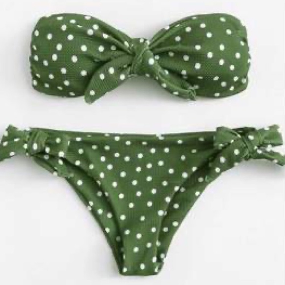 Polka Dot Bandeau Tie Side Bikini Swimsuit, Size L